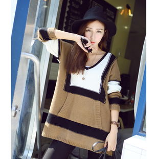 2014秋裝新款韓版心形領(lǐng)長袖條紋毛衣 柚子美衣打造百搭時尚